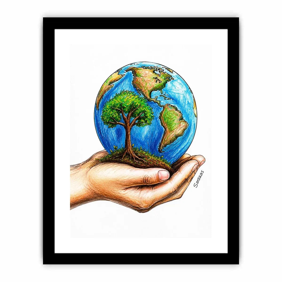 Hand holding Earth with tree illustration in eco inspired environmental wall art design