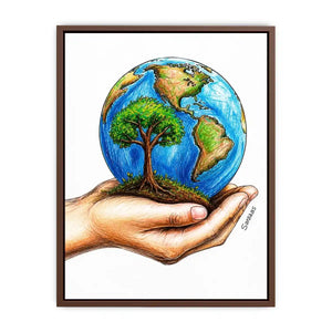 Hand holding Earth with tree illustration in eco inspired environmental wall art design