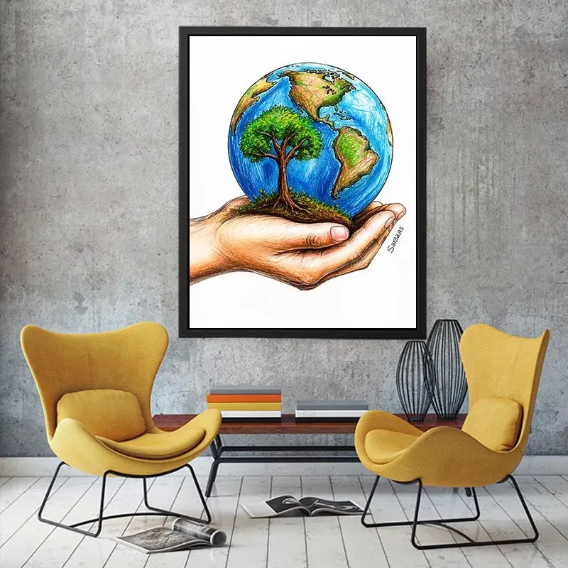 Hand holding Earth with tree illustration in eco inspired environmental wall art design