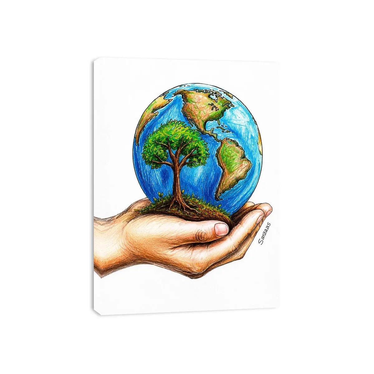 Hand holding Earth with tree illustration in eco inspired environmental wall art design