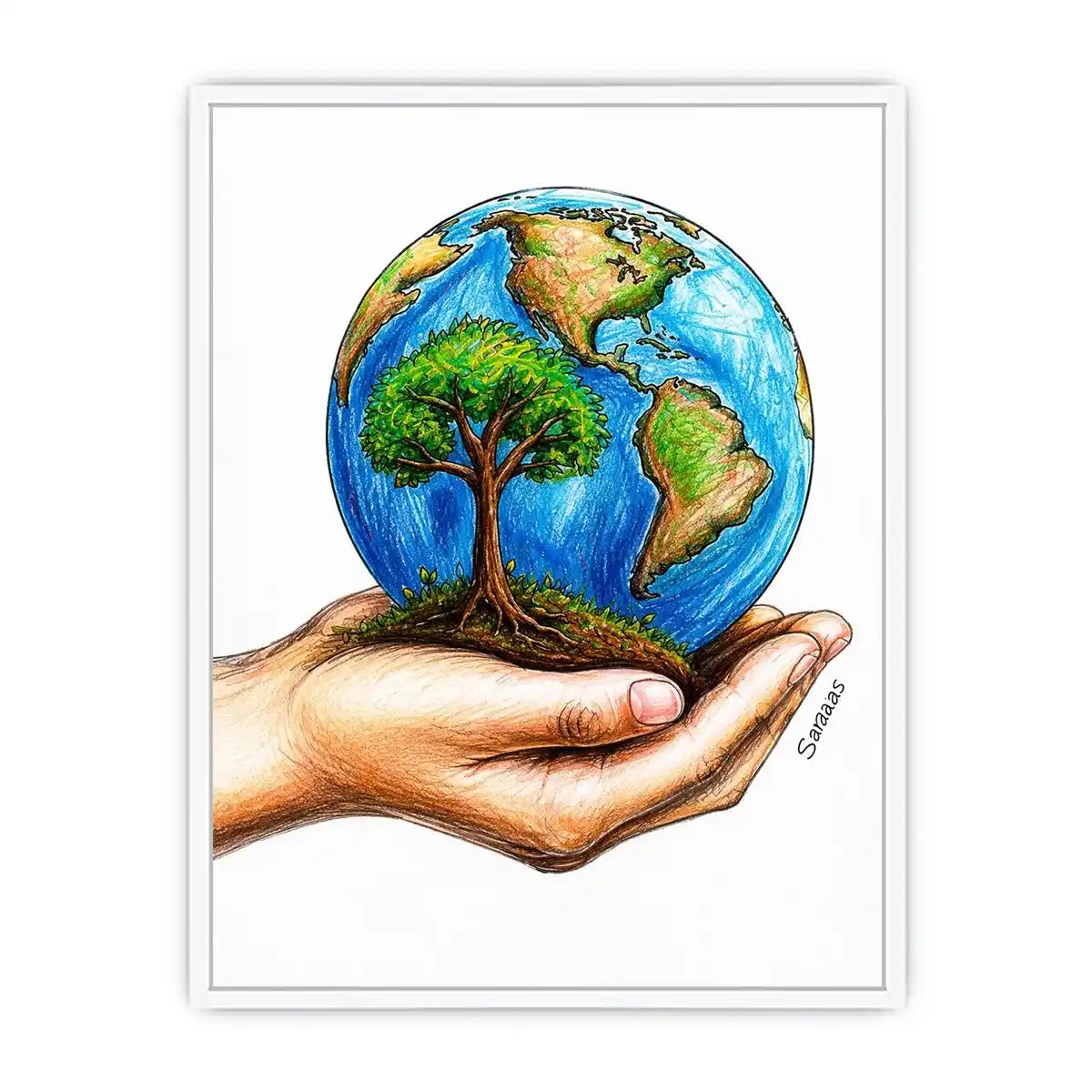 Hand holding Earth with tree illustration in eco inspired environmental wall art design