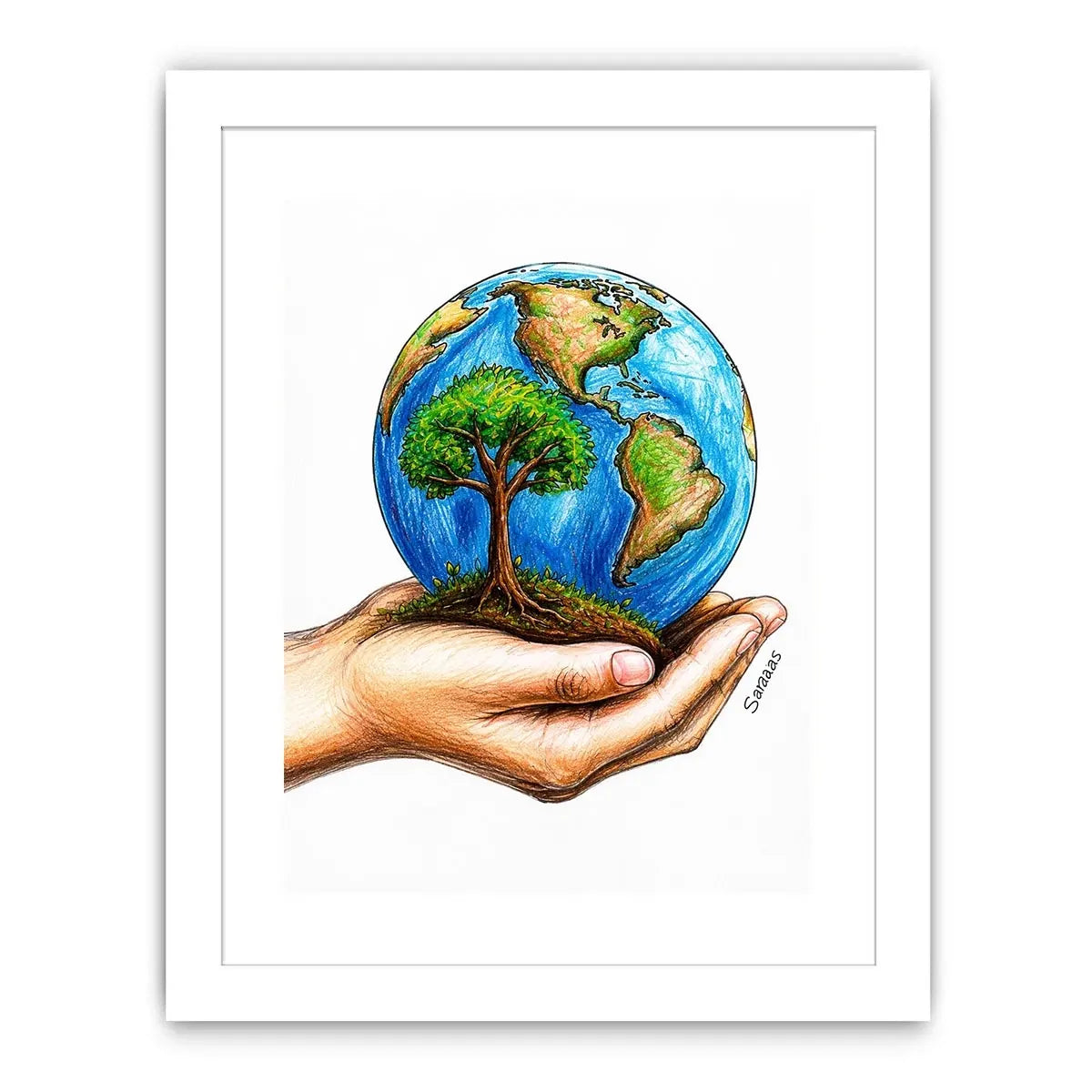 Hand holding Earth with tree illustration in eco inspired environmental wall art design