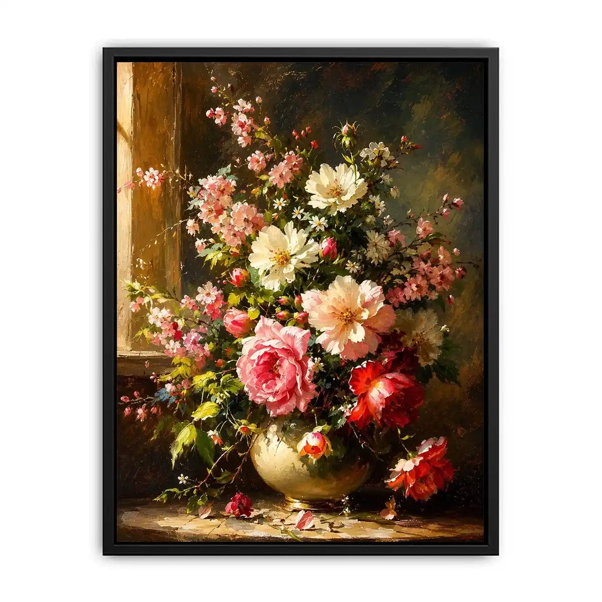 Elegant floral still life painting with pink and white flowers in a classic vase