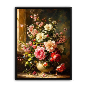 Elegant floral still life painting with pink and white flowers in a classic vase