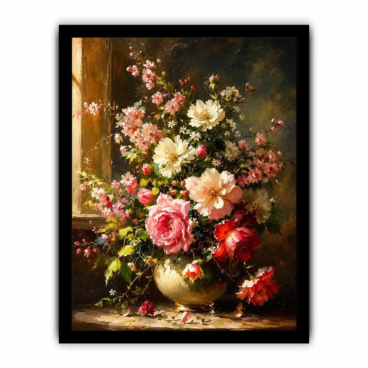 Elegant floral still life painting with pink and white flowers in a classic vase