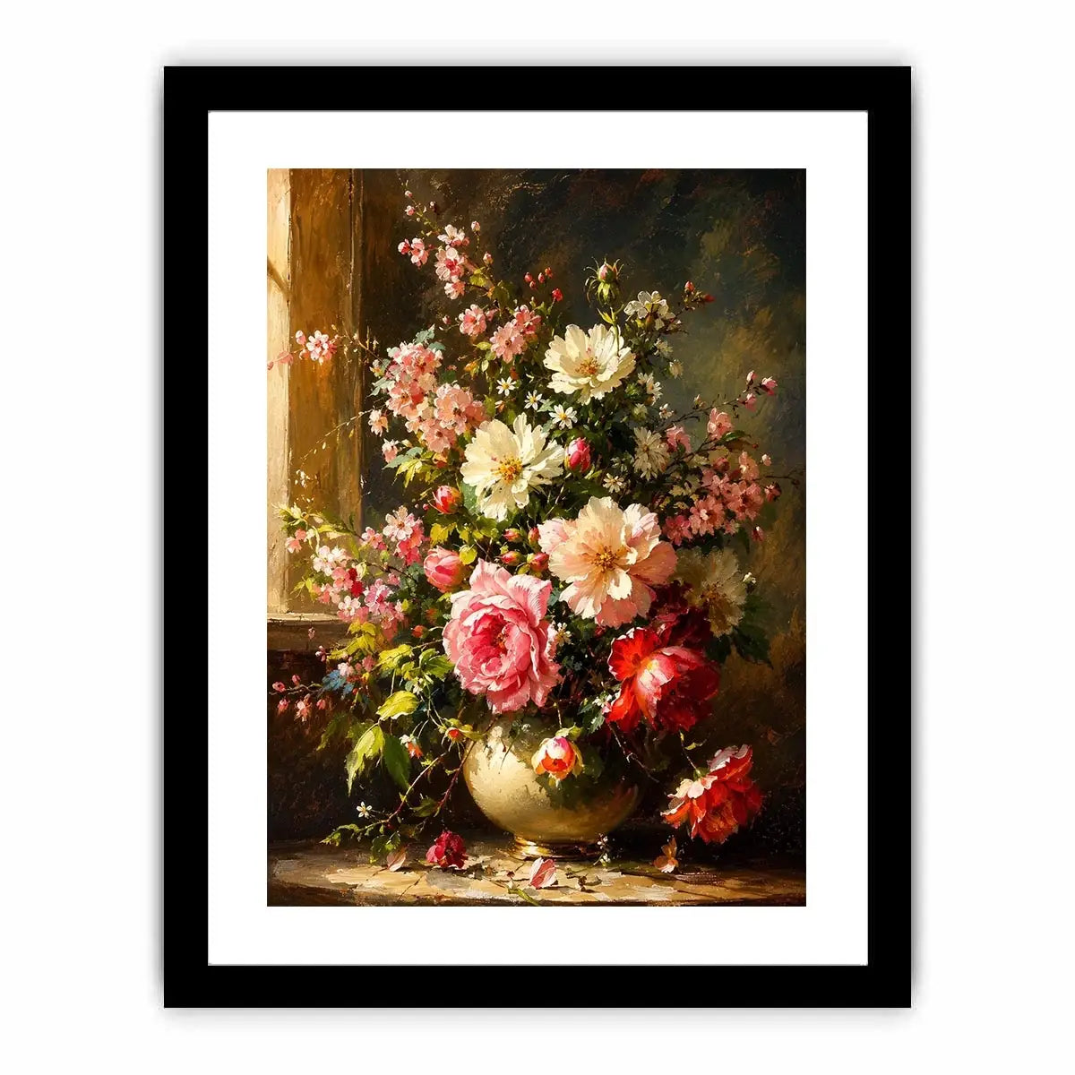 Elegant floral still life painting with pink and white flowers in a classic vase