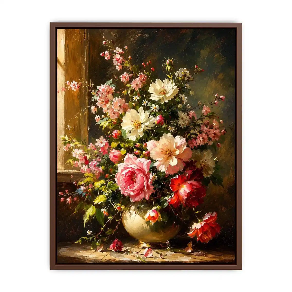 Elegant floral still life painting with pink and white flowers in a classic vase