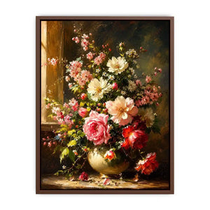 Elegant floral still life painting with pink and white flowers in a classic vase