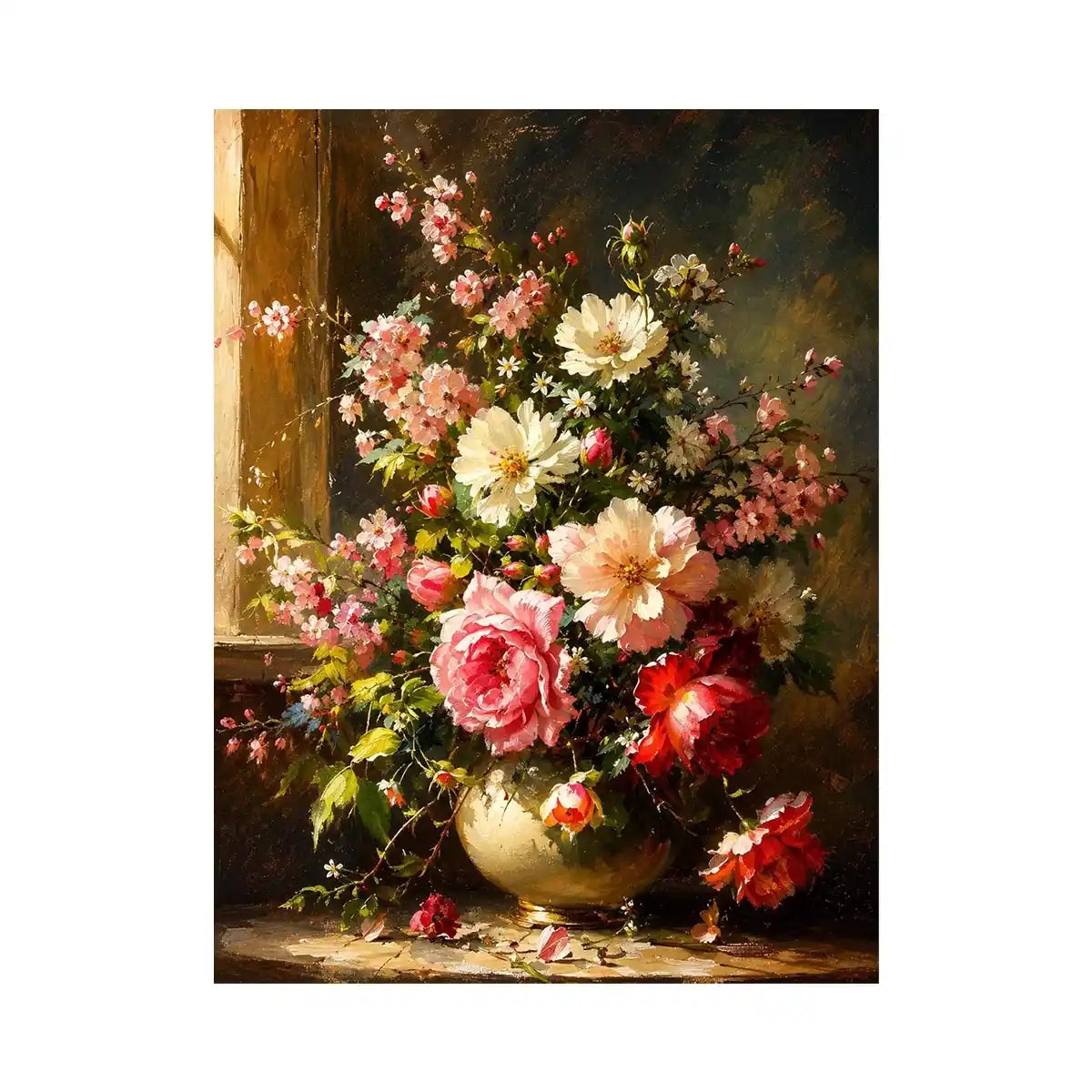 Elegant floral still life painting with pink and white flowers in a classic vase