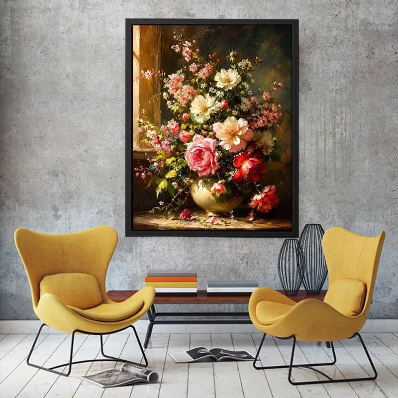 Elegant floral still life painting with pink and white flowers in a classic vase