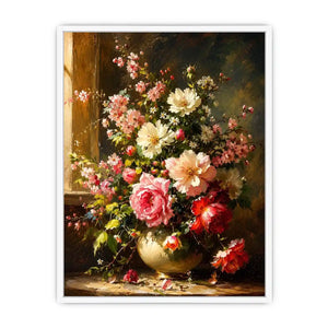 Elegant floral still life painting with pink and white flowers in a classic vase