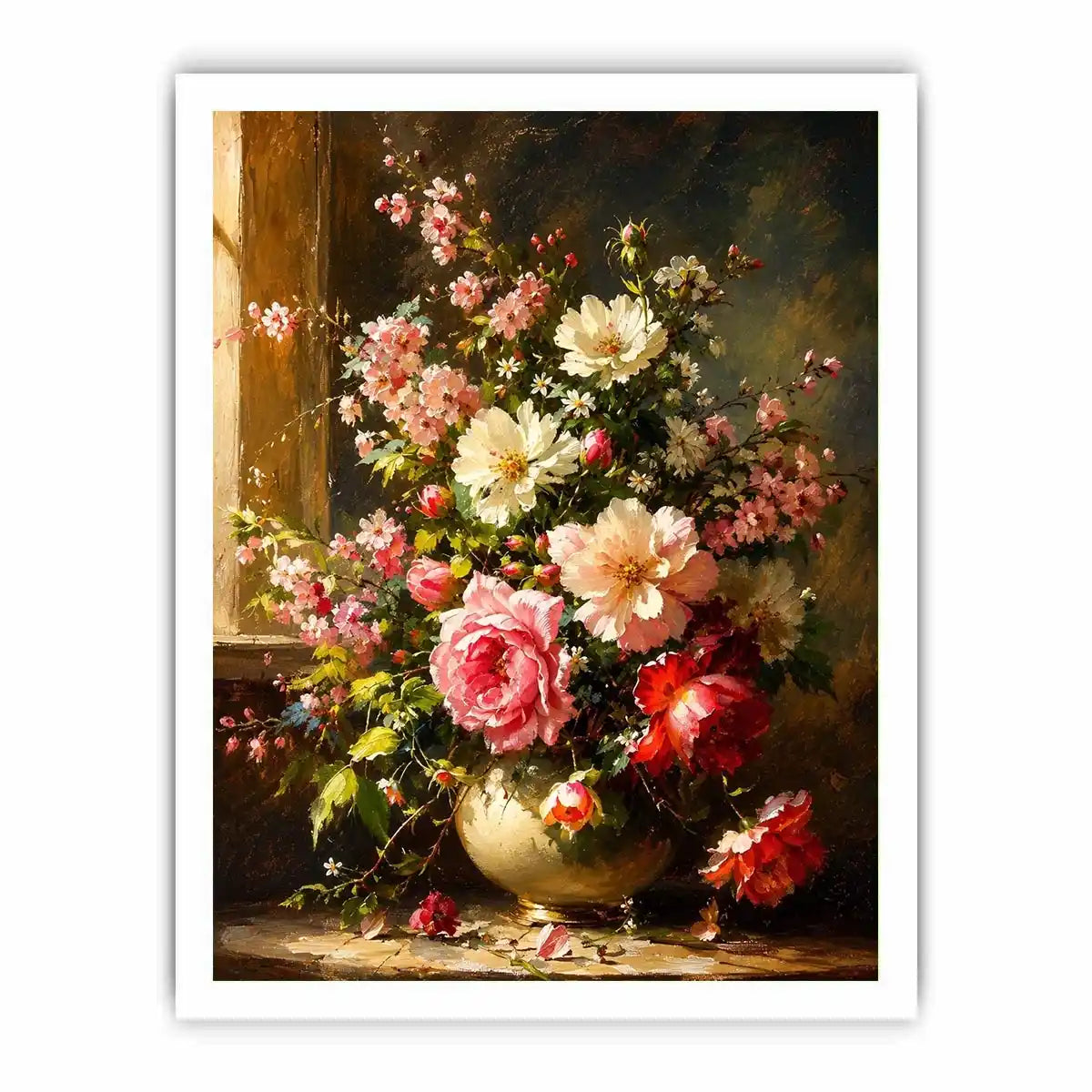 Elegant floral still life painting with pink and white flowers in a classic vase