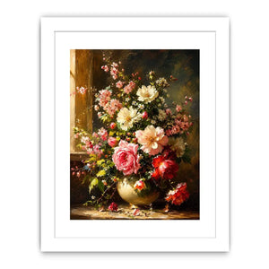 Elegant floral still life painting with pink and white flowers in a classic vase