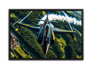 Modern fighter jet flying above a green landscape with dramatic aerial perspective