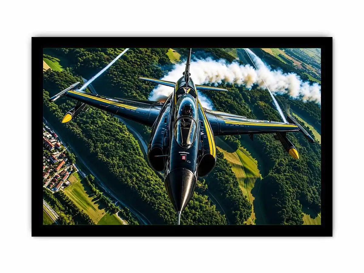 Modern fighter jet flying above a green landscape with dramatic aerial perspective