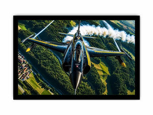 Modern fighter jet flying above a green landscape with dramatic aerial perspective