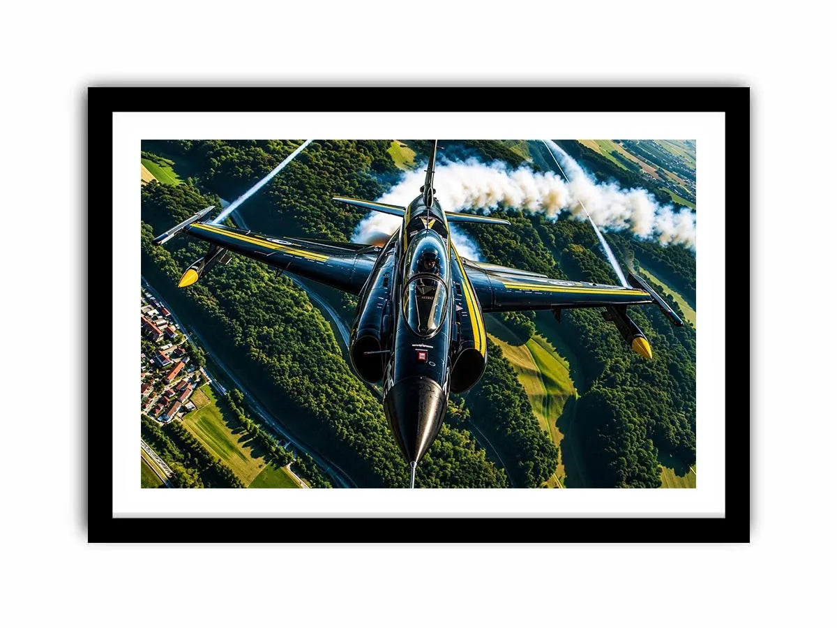 Modern fighter jet flying above a green landscape with dramatic aerial perspective