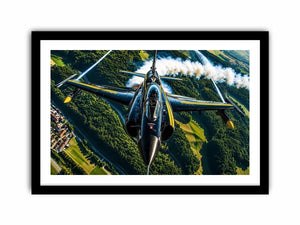 Modern fighter jet flying above a green landscape with dramatic aerial perspective