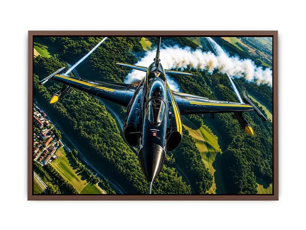 Modern fighter jet flying above a green landscape with dramatic aerial perspective
