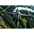 Modern fighter jet flying above a green landscape with dramatic aerial perspective