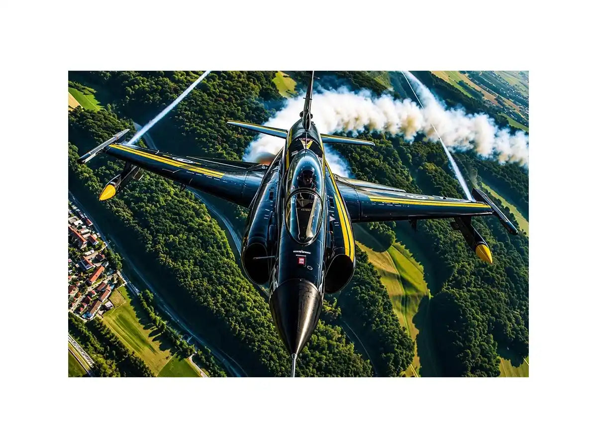 Modern fighter jet flying above a green landscape with dramatic aerial perspective