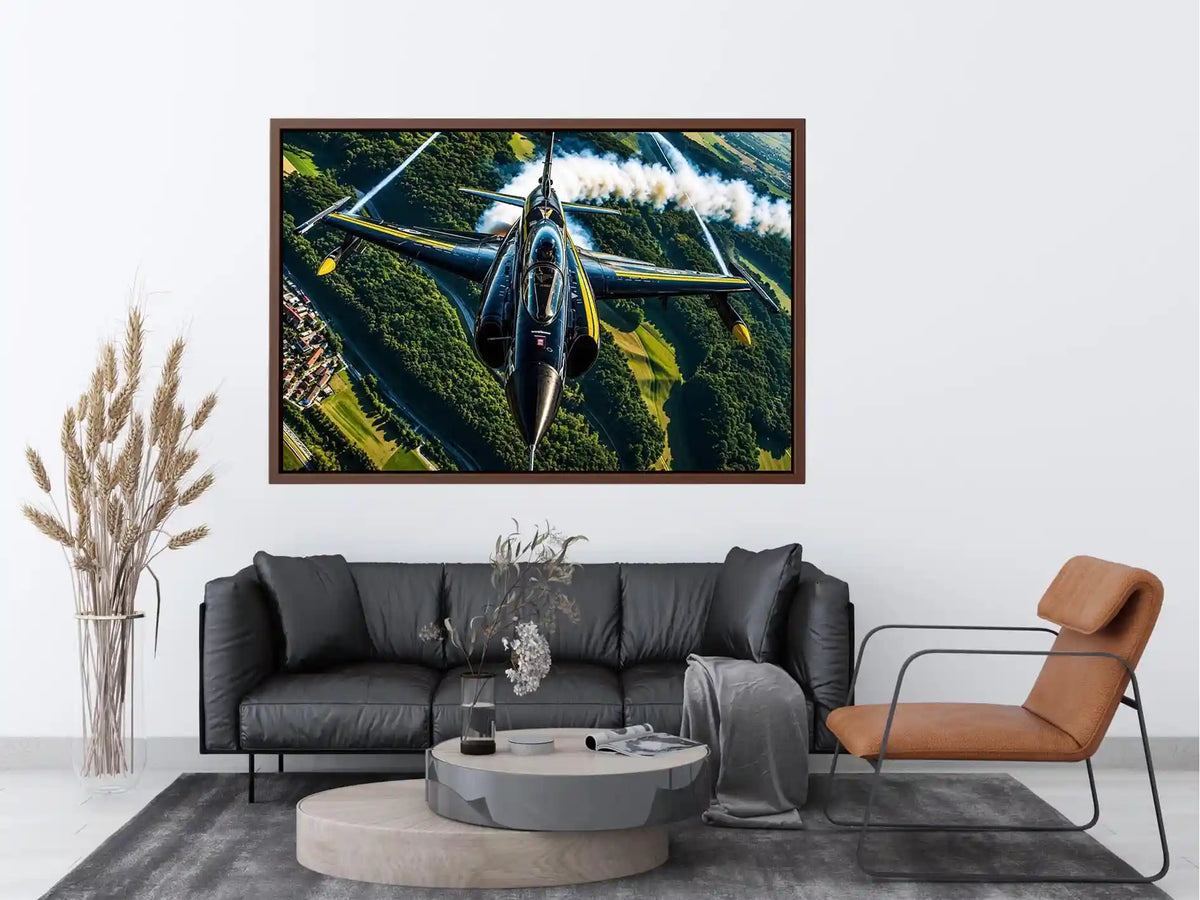 Modern fighter jet flying above a green landscape with dramatic aerial perspective