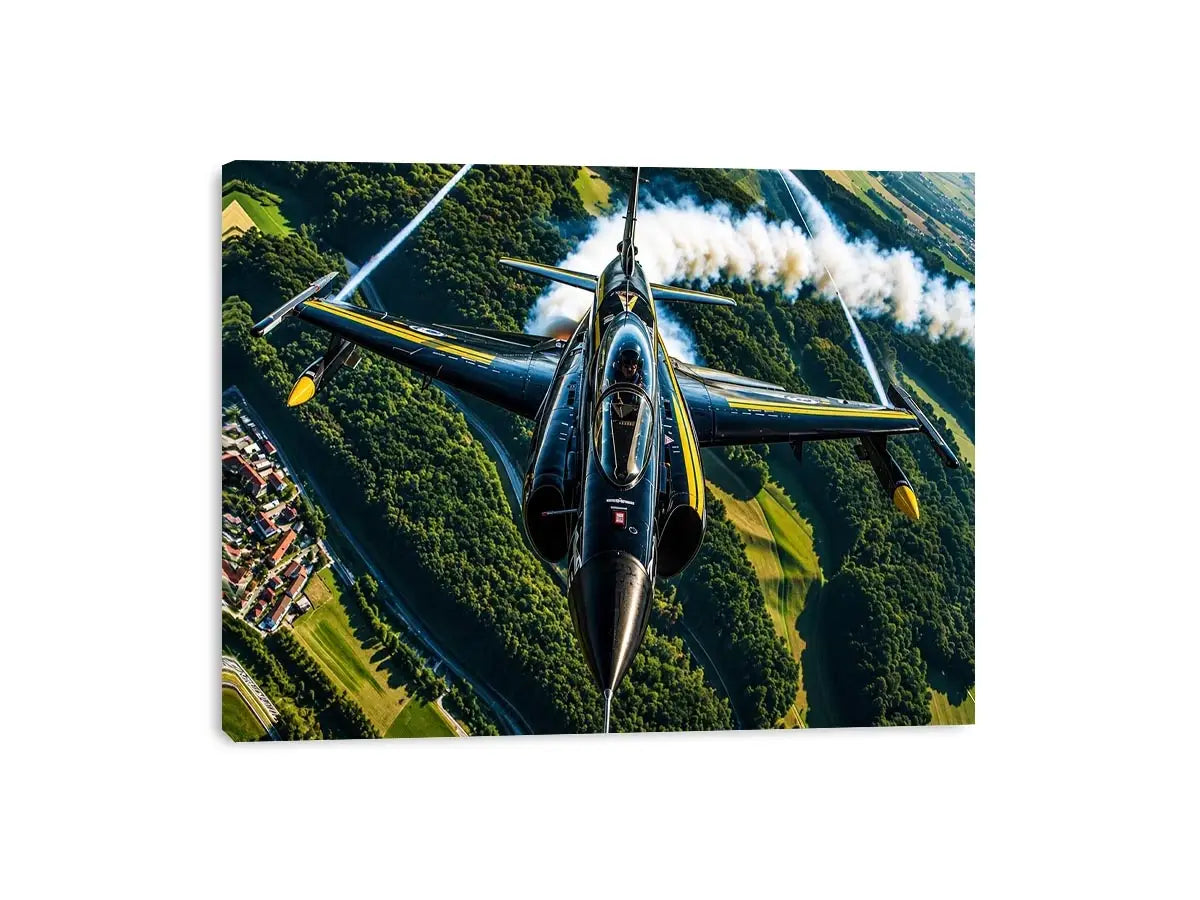 Modern fighter jet flying above a green landscape with dramatic aerial perspective