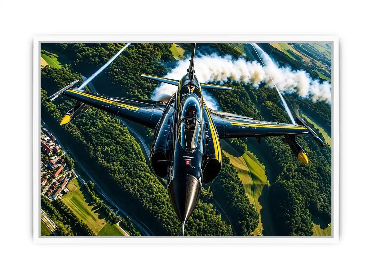 Modern fighter jet flying above a green landscape with dramatic aerial perspective