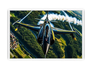 Modern fighter jet flying above a green landscape with dramatic aerial perspective