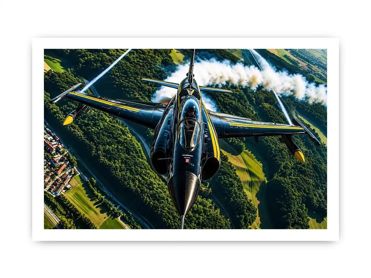 Modern fighter jet flying above a green landscape with dramatic aerial perspective