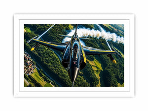 Modern fighter jet flying above a green landscape with dramatic aerial perspective