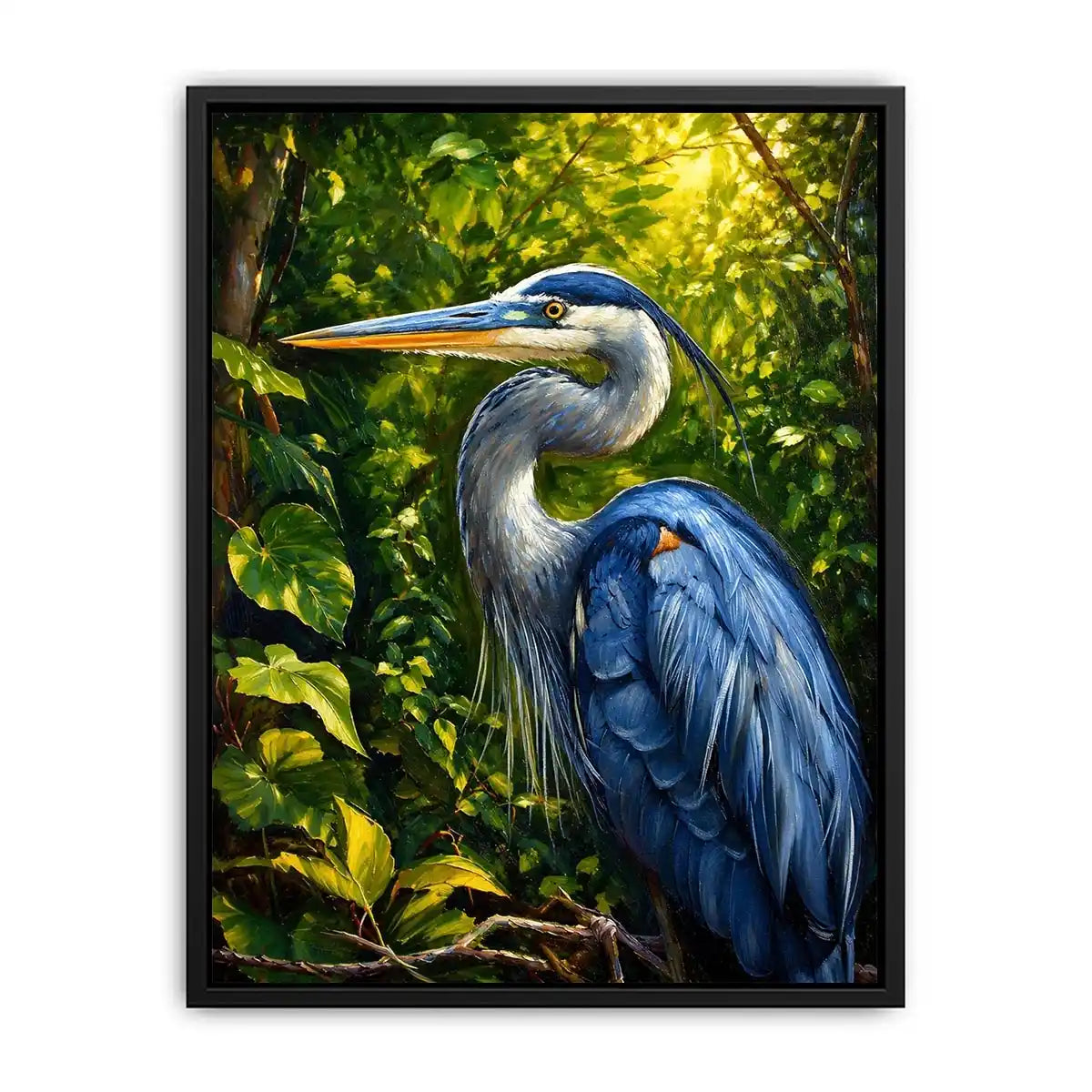 Elegant blue heron surrounded by lush green forest foliage in painterly style
