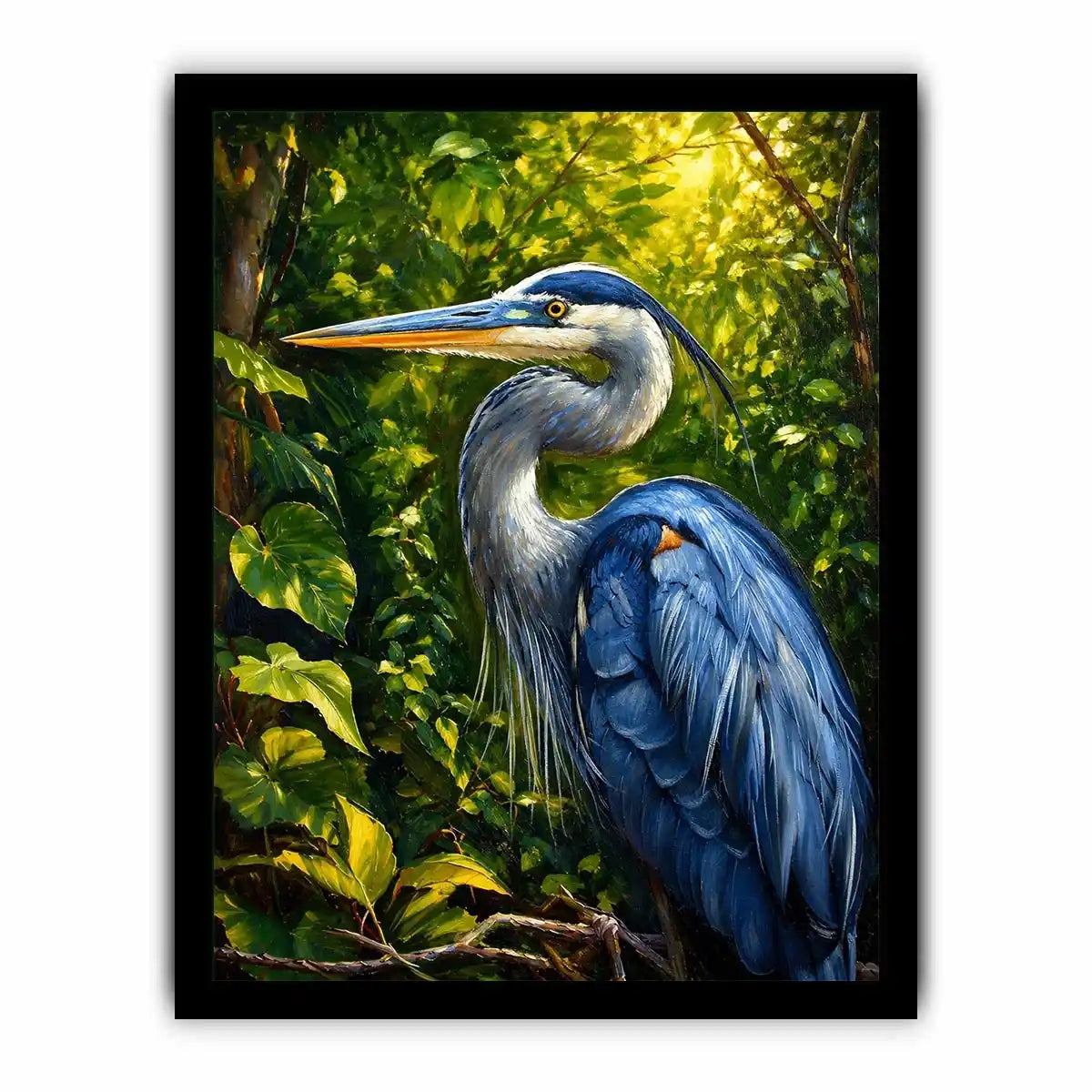 Elegant blue heron surrounded by lush green forest foliage in painterly style