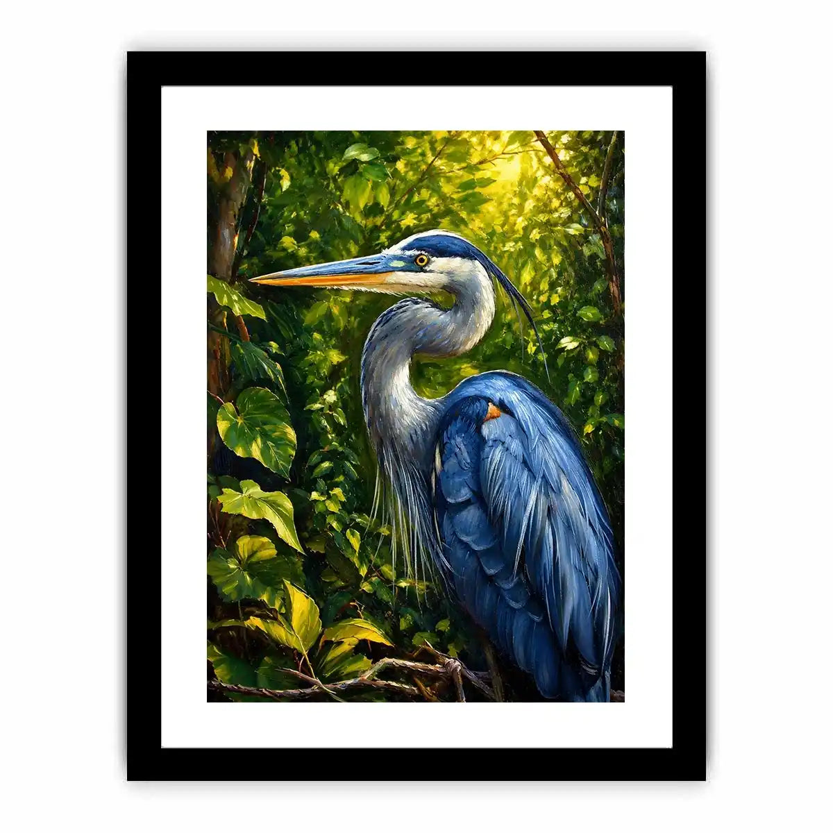 Elegant blue heron surrounded by lush green forest foliage in painterly style