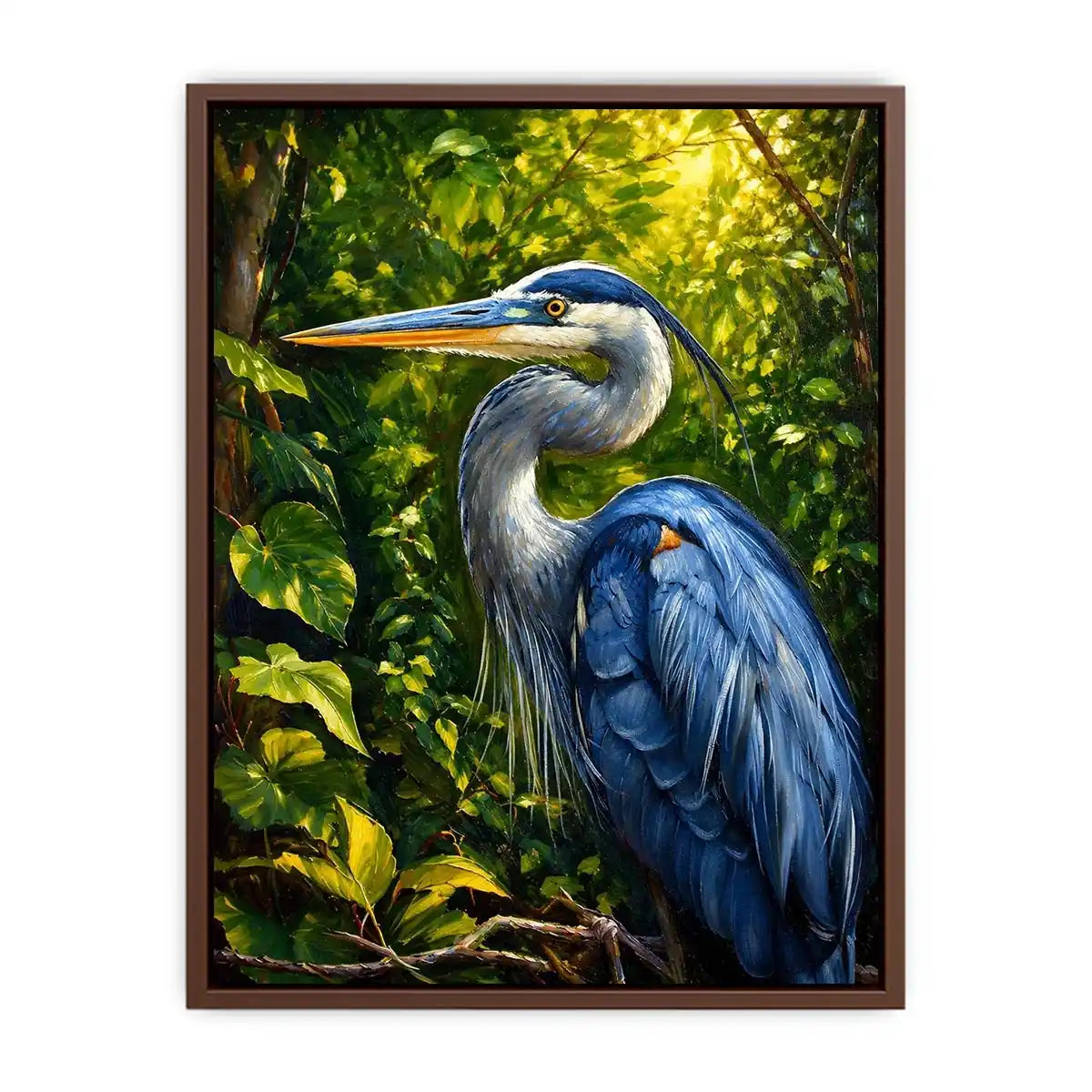 Elegant blue heron surrounded by lush green forest foliage in painterly style