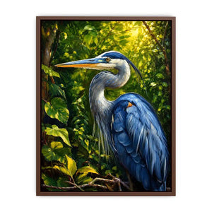 Elegant blue heron surrounded by lush green forest foliage in painterly style