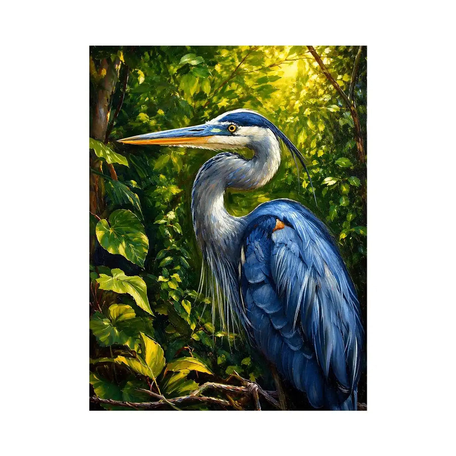 Elegant blue heron surrounded by lush green forest foliage in painterly style