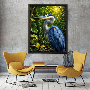 Elegant blue heron surrounded by lush green forest foliage in painterly style