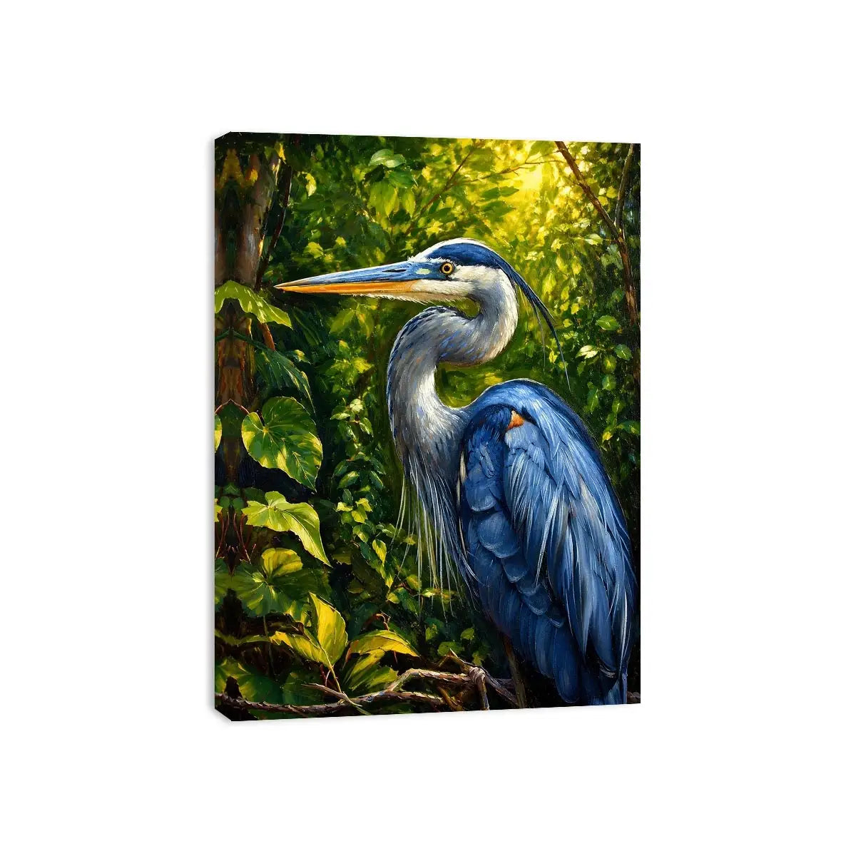Elegant blue heron surrounded by lush green forest foliage in painterly style