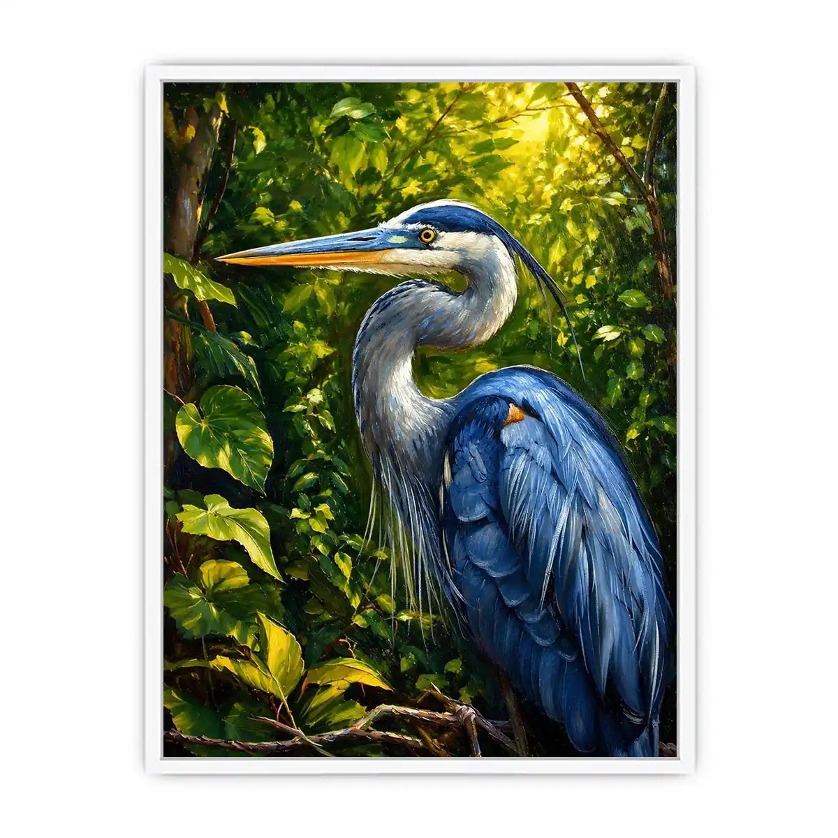 Elegant blue heron surrounded by lush green forest foliage in painterly style