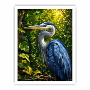 Elegant blue heron surrounded by lush green forest foliage in painterly style