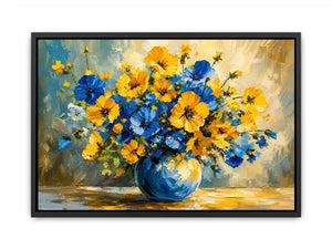 Blue and yellow floral bouquet in a modern impressionist vase painting