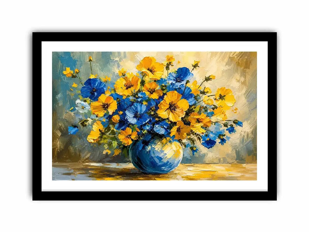 Blue and yellow floral bouquet in a modern impressionist vase painting