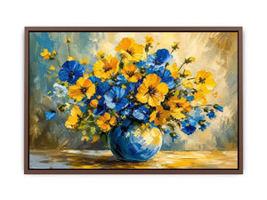 Blue and yellow floral bouquet in a modern impressionist vase painting