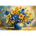 Blue and yellow floral bouquet in a modern impressionist vase painting