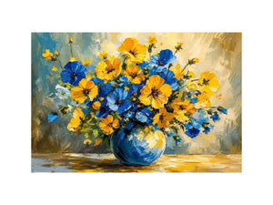 Blue and yellow floral bouquet in a modern impressionist vase painting