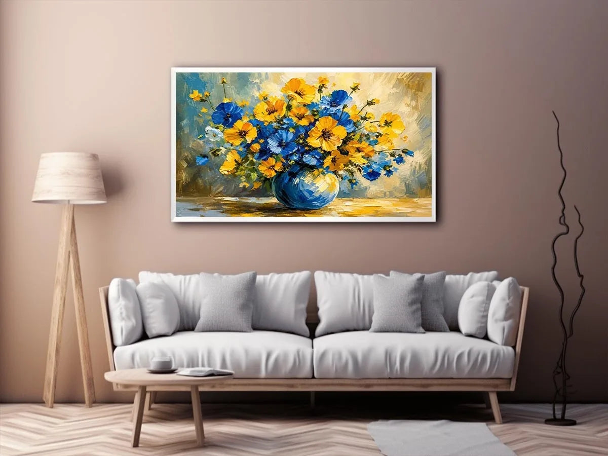 Blue and yellow floral bouquet in a modern impressionist vase painting