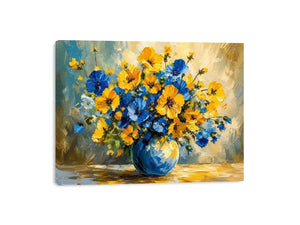 Blue and yellow floral bouquet in a modern impressionist vase painting