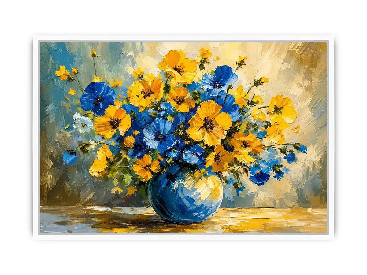 Blue and yellow floral bouquet in a modern impressionist vase painting