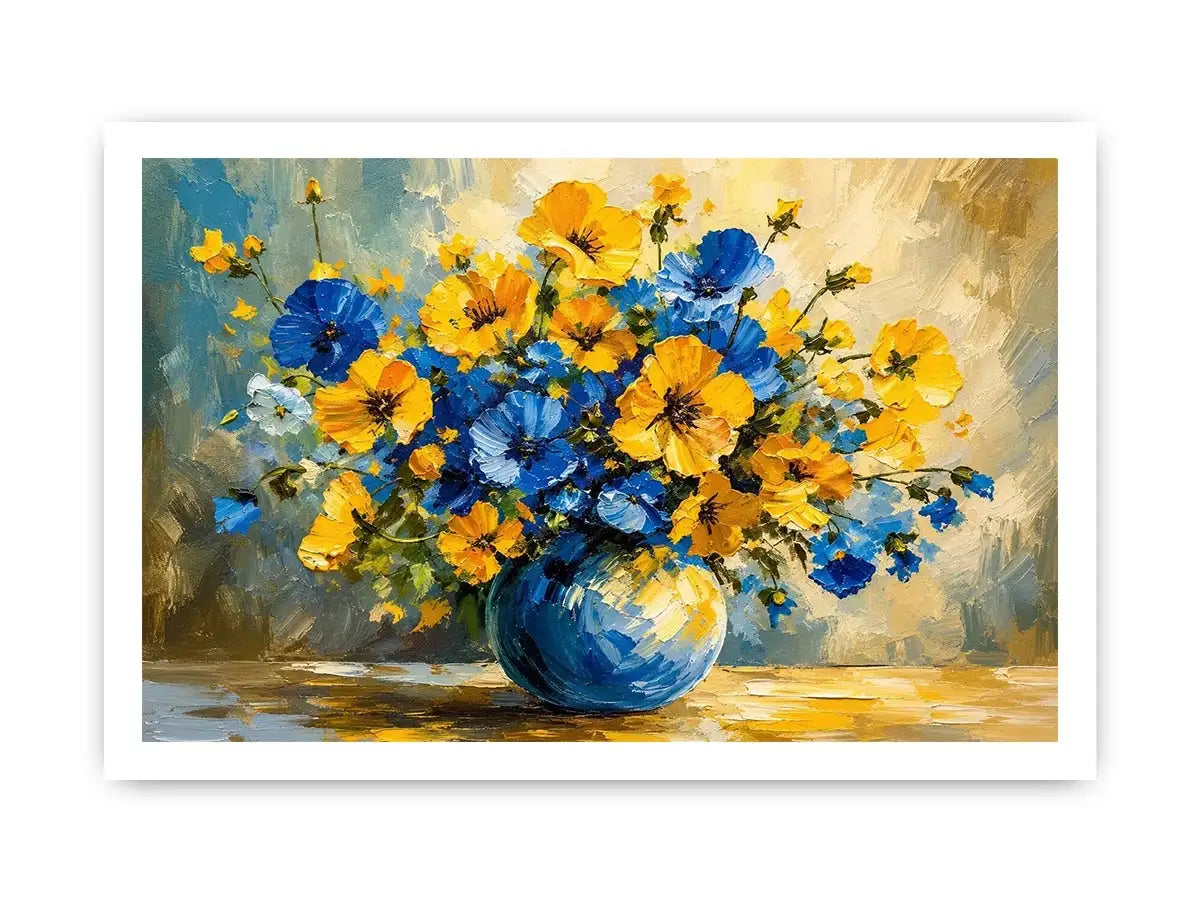Blue and yellow floral bouquet in a modern impressionist vase painting